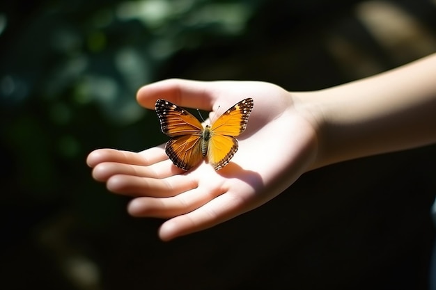 Ontzag voor de natuur De handen van een jong meisje houden een prachtige oranje vlinder vast