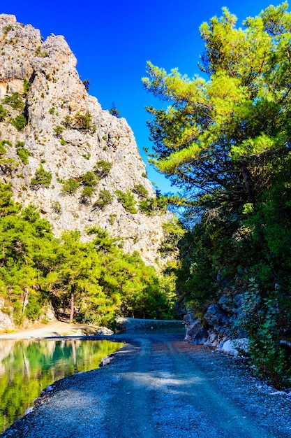 Onverharde weg in de buurt van de rivier in een Goynuk-canion. provincie Antalya, Turkije