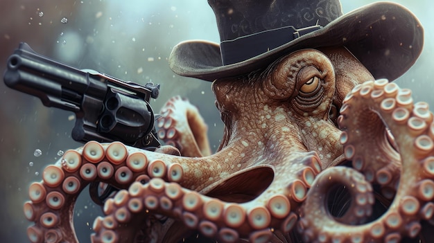 Foto onverwacht modieuze octopus hanteert een pistool met trots