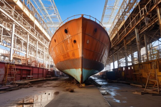 Foto onvoltooide veerbootsteven in scheepswerf