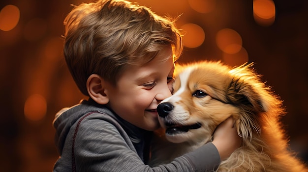 Onvoorwaardelijke liefde Een hartverwarmende scène van een jonge jongen die een liefdevolle kus deelt met zijn schattige hond die de zuivere band van vriendschap vasthoudt