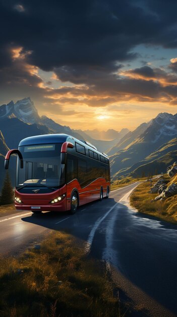 Photo onward journey bus cruising on road travel time scenery behind vertical mobile wallpaper