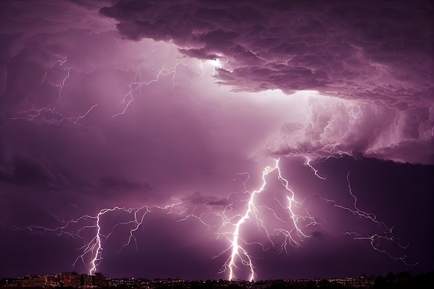 Onweer met bliksemschichten in stormachtige lucht boven stad dramatisch weer achtergrond digitale illustrati