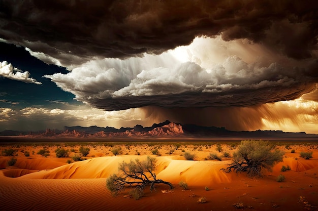 Onweerswolken in de lucht boven woestijnlandschap met dramatische onweersbui generatieve ai