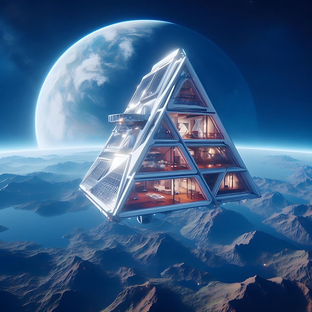 Onwerkelijke ruimtewoning Futuristisch Aframe-huis in een baan om de aarde