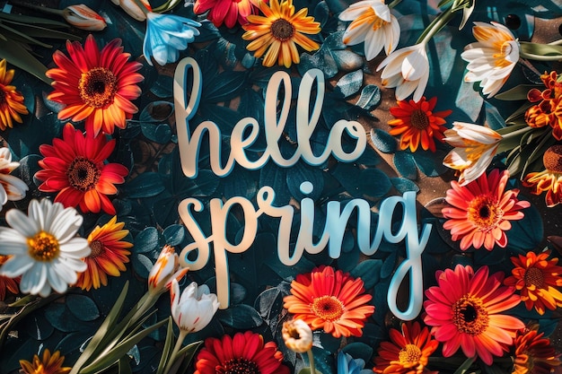 Onze Hello Spring inscriptie tegen een achtergrond van levendige bloemen vangt