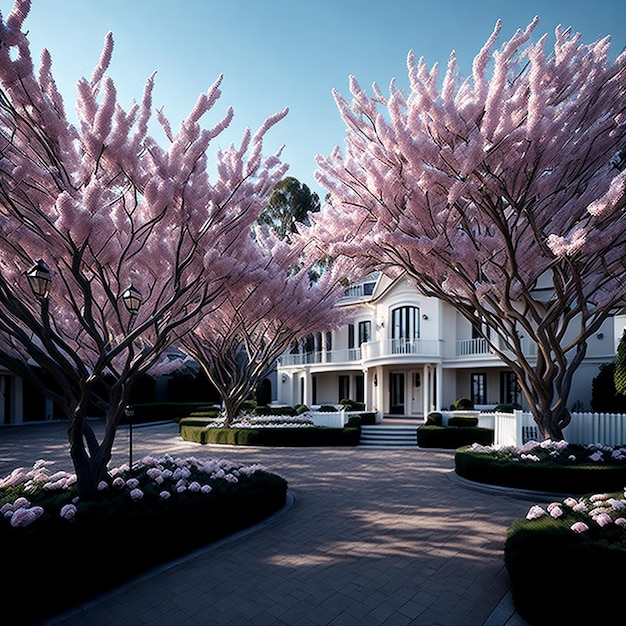 Onze prachtige luxe huizen zijn omringd door een schilderachtig landschap van witte en roze AI_Generated