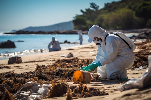 Onze zeeën beschermen Man in pak verwijdert vervuiling op het strand
