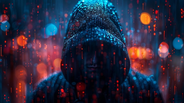 Onzichtbare hacker cybercriminal silhouette gehuld in de digitale leegte gezicht verloren aan matrix codes een blauwe cybernetische mysterie AI Generative