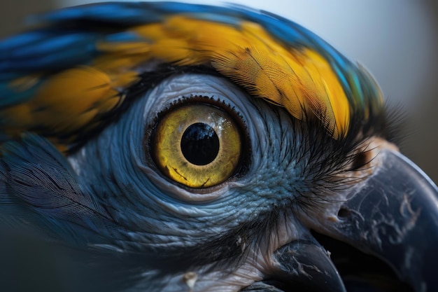 Oog van blauw-en-gele ara, ook bekend als de blauw-en-gouden ara in Zoo AI gegenereerd
