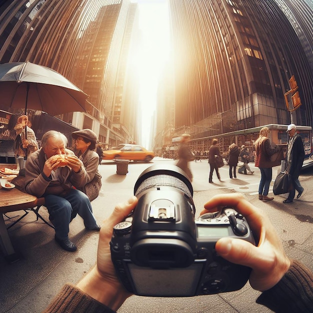 Oogpunt opname van fotograaf die foto's maakt op straten drukke stadsgezicht groothoek