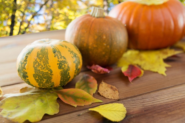 oogst, seizoen en herfstconcept - close-up van pompoenen en bladeren op houten tafel over natuurlijke achtergrond