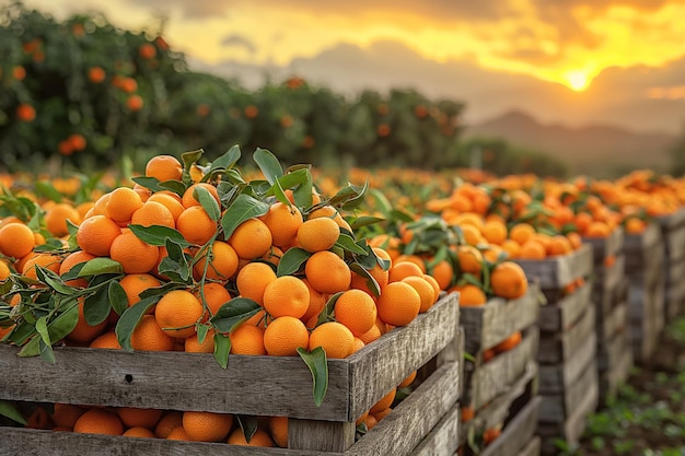 Oogst van rijpe oranje mandarijnen in houten dozen op een plantage in een boomgaard met zonlicht