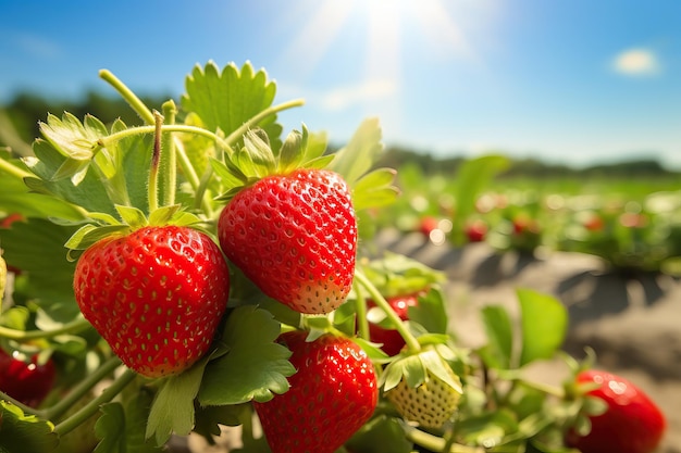 Oogst van verse rijpe grote biologische rode aardbeien in de tuin Banner met aardbeienplanten i