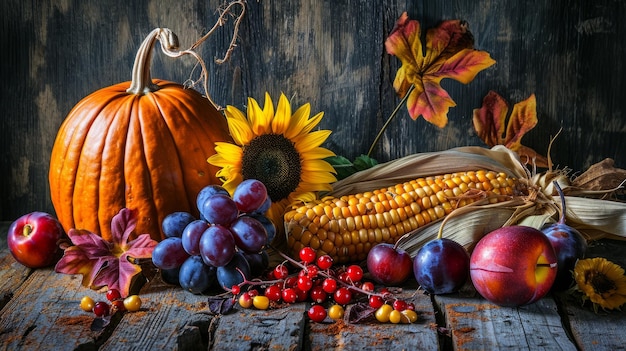 Oogsten Bounty Een rustiek herfstfeest van maïspompoen, zonnebloemen en pruimen op hout