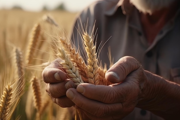 Foto oogsten een boer houdt tarwe in zijn handen