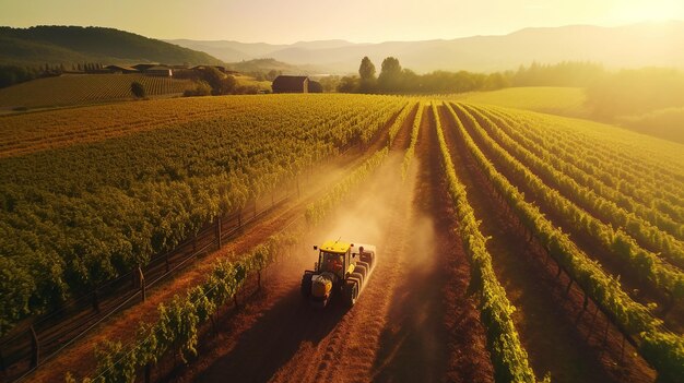 Foto oogsten op de boerderij, een tractor die op een veld rijdt generatieve ai