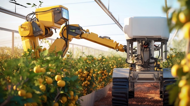 Oogstrobot met automatische detectie van de rijpheid van planten Een landbouwrobot aan het werk in de kas Technologie van de toekomst Het concept van een slimme landbouwboerderij Generatieve AI