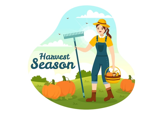 Oogstseizoen vectorillustratie met herfst van pompoenen en seizoensgebonden landbouw op een boerderij