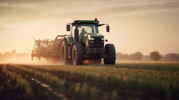 Oogstveld met maaidorser bij zonsondergang Generatieve Ai