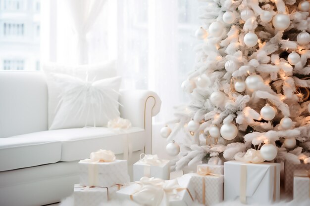 Oogverblindende witte kerstboom versierd met fonkelende kraaltjes omringd door feestelijk ingepakte cadeautjes