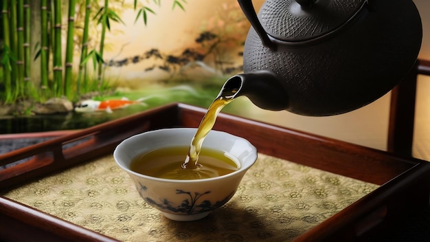 Oolong groene thee in een theepot en schaal