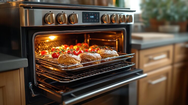 Foto oond met geroosterde kip en tomaten die het kookproces toont