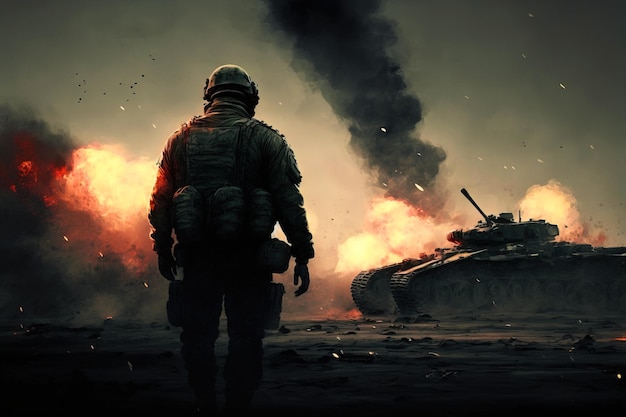 Oorlog met soldaat en tank op het slagveld Generatieve AI
