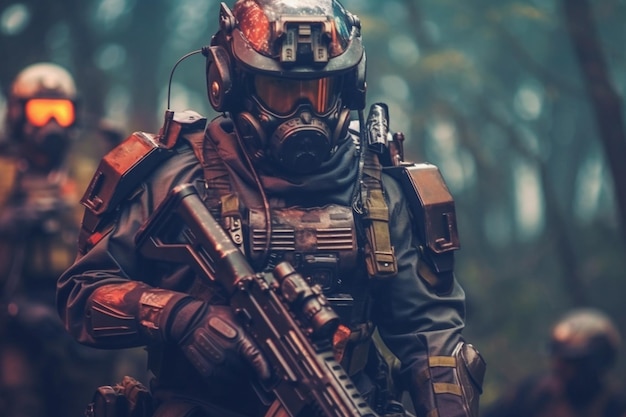 Oorlogsconcept Een bebaarde soldaat in een uniform van de speciale strijdkrachten vecht tegen een vijand in een bosgebied Selectieve focus Generatieve AI