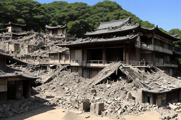 Oorlogsgebied vernietigt instorting verlaten gebouw bij Japanse generatieve kunst door AI