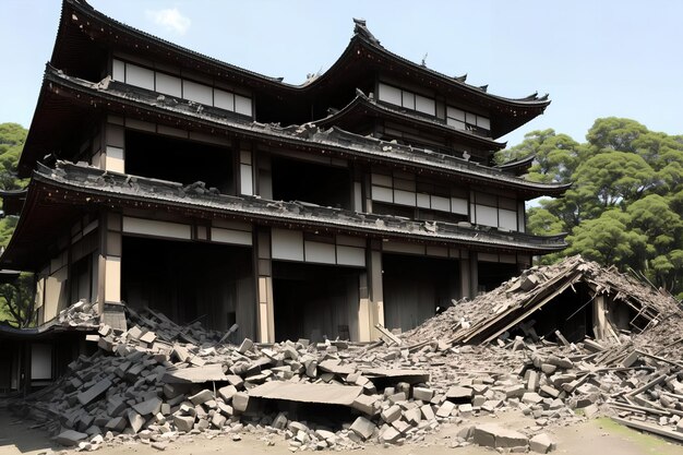 Oorlogsgebied vernietigt instorting verlaten gebouw bij Japanse generatieve kunst door AI