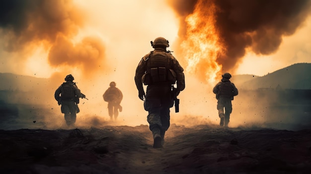 Oorlogsslagveldscène met soldaat die oorlog voert met explosies