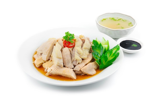 Foto oorspronkelijke cantonese chicken singapore style versierd met gebeeldhouwde komkommer served clear soup en zwarte sojasaus sideview