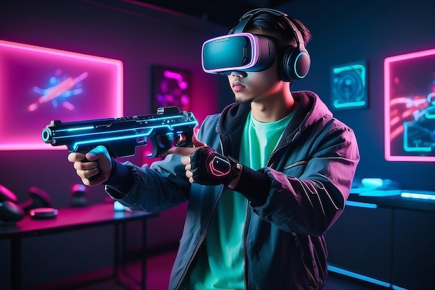 Oost-Aziatische pro gamer draagt virtual reality headset en houdt pistool hologram speelt online videogame shooter augmented reality concept