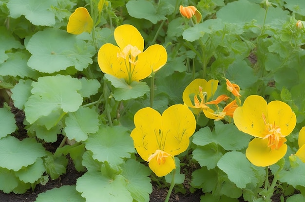 Oost-Indische kers plant met gele bloemen Tropaeolum majus in de tuin