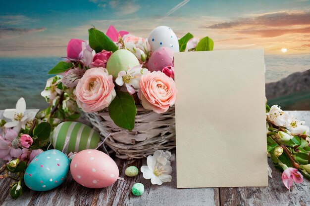 Oostenlandse zonnesteek Blanke groetkaart te midden van voorjaarsbloemen