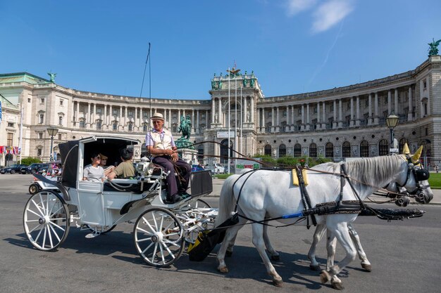 Foto oostenrijk wenen 19 juni 2023 wandelkar met paarden op het heldenplatzplein in wenen