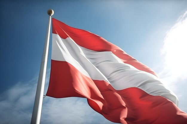 Oostenrijkse vlag zwaait in de wind tegen de blauwe hemel met zonnestralen