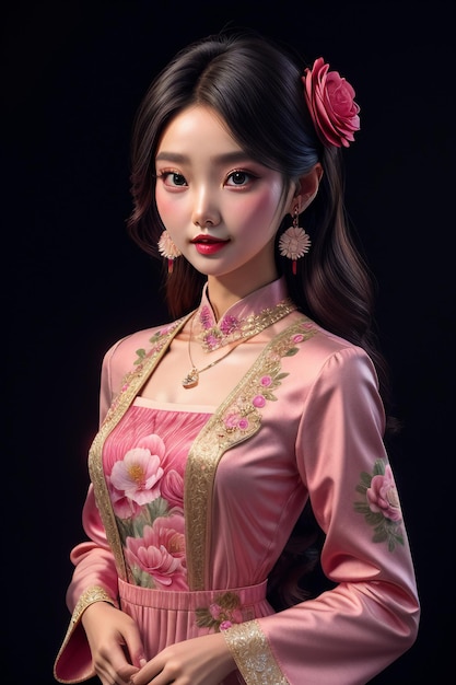 Oosterse Chinese schoonheid, traditioneel klassiek mooi meisje, gekleed in cheongsam met roze bloem