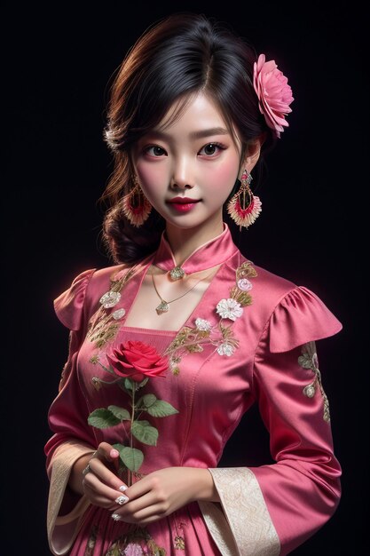 Oosterse Chinese schoonheid, traditioneel klassiek mooi meisje, gekleed in cheongsam met roze bloem