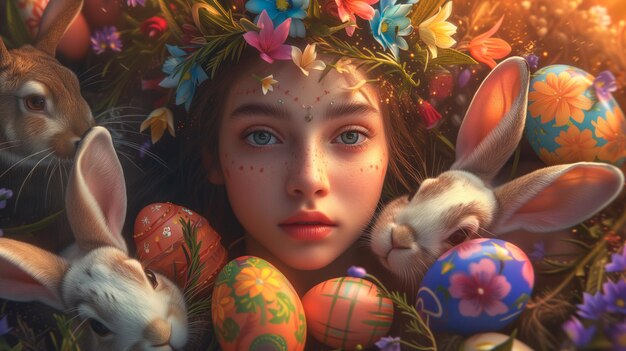 Oosterse godin omringd door konijnen en kleurrijke eieren portret Stralende godin omgeven door speelse konijnen en een reeks kleuren eieren Aura van betovering geest van de vakantie