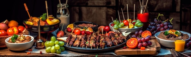 Oosterse keuken eettafel met gegrilde kebab en gebakken groenten fruit diverse snacks op een rustieke tafel Generative Ai