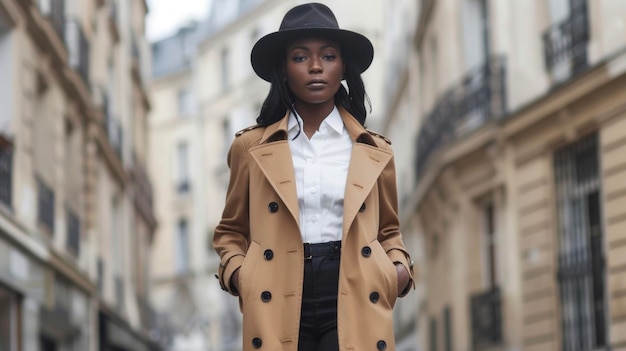 Photo oozing with sophistication a black woman in a sharp outfit featuring a crisp white shirt a