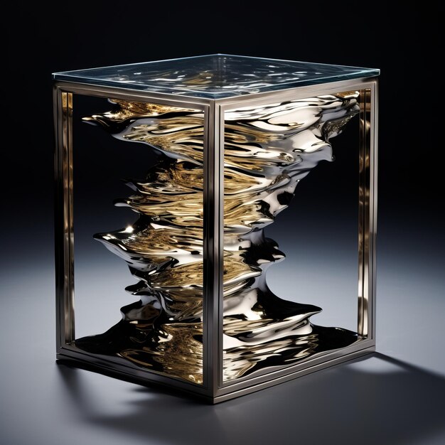 Op Avicii geïnspireerde bijzettafel van vloeibaar metaal met blad van goud en groen kristalmarmer
