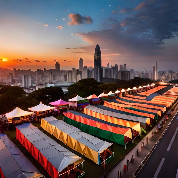 Op de achtergrond is een skyline van de stad met een markt met tenten en tentjes.