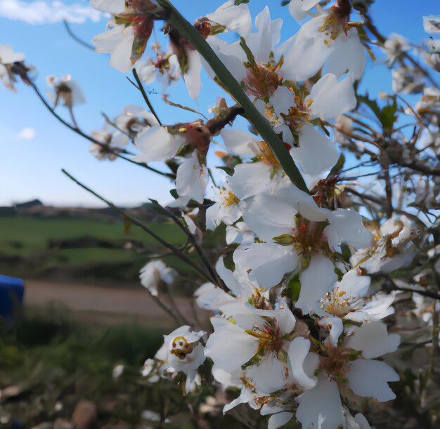 Op de achtergrond staat een blauwe vrachtwagen geparkeerd met een bos witte bloemen.