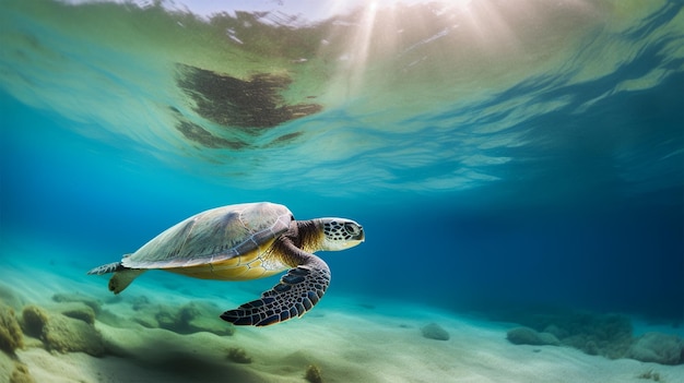 Op de Bahama's zwemt een schildpad onder water