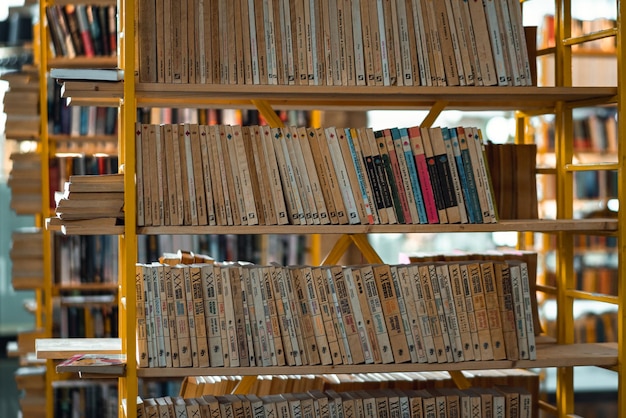 Op de bovenste plank staat een gele plank met boeken waarop de naam van het boek staat