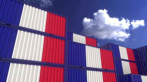 Op de containerterminal staan containers onder Franse vlag. Frankrijk export of import concept, 3D-rendering.