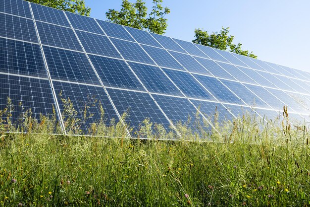 Op de grond gemonteerde fotovoltaïsche krachtcentrale bij zonsondergang